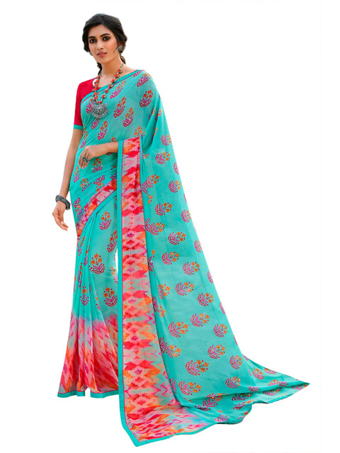 

VILAM Blue & Pink Floral Pure Georgette Block Print Saree