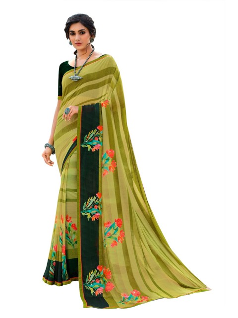 

VILAM Green & Orange Floral Pure Georgette Block Print Saree