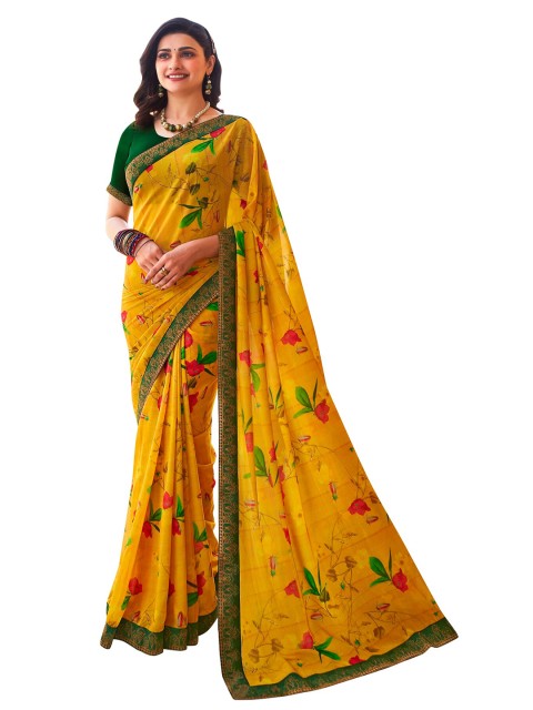 

VILAM Yellow & Green Floral Pure Georgette Block Print Saree