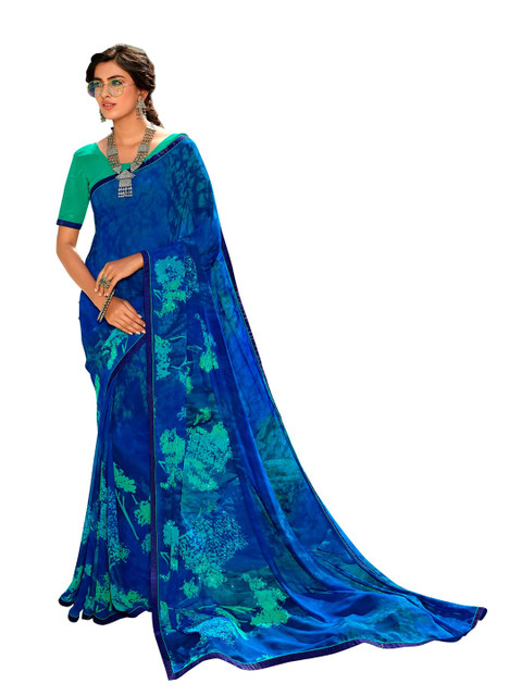 

VILAM Blue & Green Floral Pure Georgette Block Print Saree