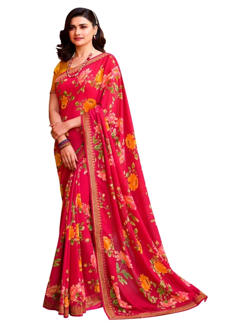 

VILAM Red & Yellow Floral Pure Georgette Block Print Saree