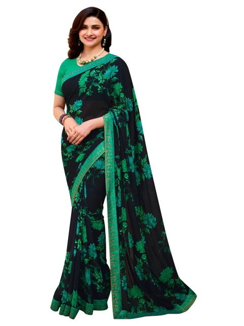 

VILAM Green & Navy Blue Floral Pure Georgette Block Print Saree