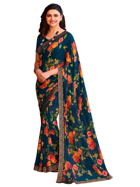 

VILAM Blue & Orange Floral Pure Georgette Block Print Saree