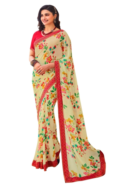 

VILAM Beige & Red Floral Pure Georgette Block Print Saree