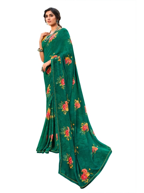 

VILAM Green & Orange Floral Pure Georgette Block Print Saree