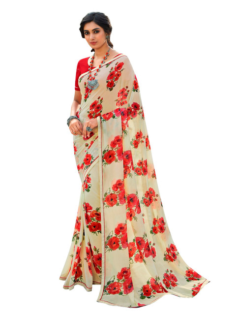

VILAM Cream-Coloured & Red Floral Zari Pure Georgette Block Print Saree