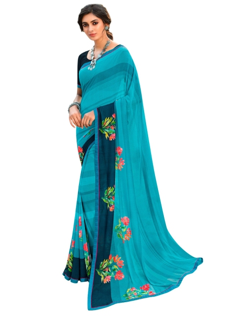 

VILAM Blue & Pink Floral Pure Georgette Block Print Saree