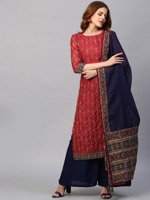 

FASHOR Women Red Ethnic Motifs Printed Chanderi Silk Chanderi Silk Anarkali Kurta