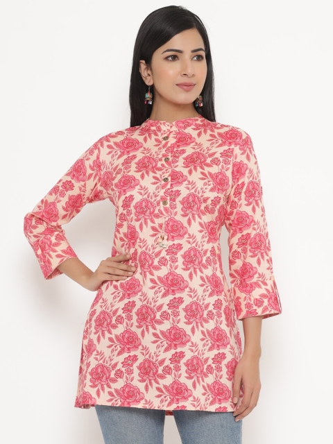 

JAVTA Women Pink & Cream-Coloured Mandarin Collar Printed Cotton Tunic