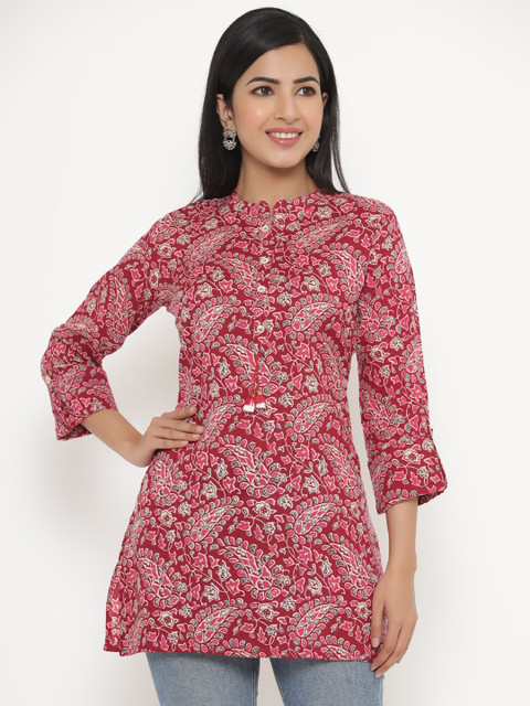 

JAVTA Red & White Mandarin Collar Printed Tunic