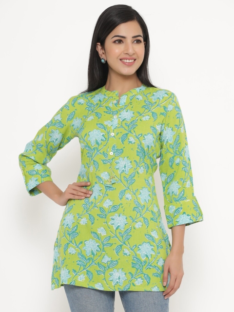

JAVTA Green & Blue Mandarin Collar Printed Cotton Tunic