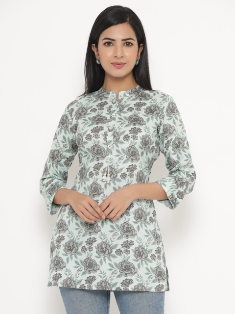 

JAVTA Blue & Grey Mandarin Collar Printed Tunic