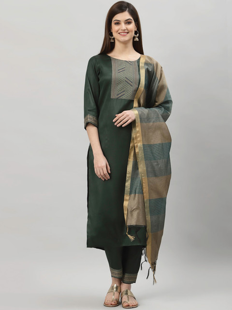 

ALC Creations Women Green Striped Pleated Pure Cotton Kurti with Trousers & With Dupatta