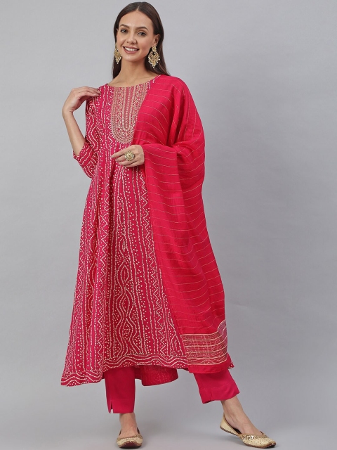 

Janasya Women Pink Striped Layered Gotta Patti Kurta with Trousers & With Dupatta