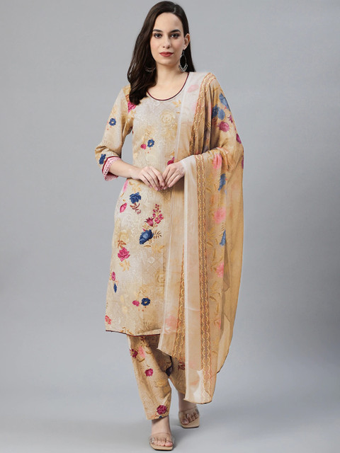 

Chhabra 555 Women Beige Floral Embroidered Layered Kurta with Trousers & With Dupatta