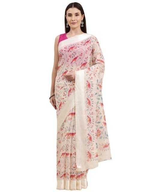 

KALINI White & Pink Ethnic Motifs Jute Cotton Bhagalpuri Saree