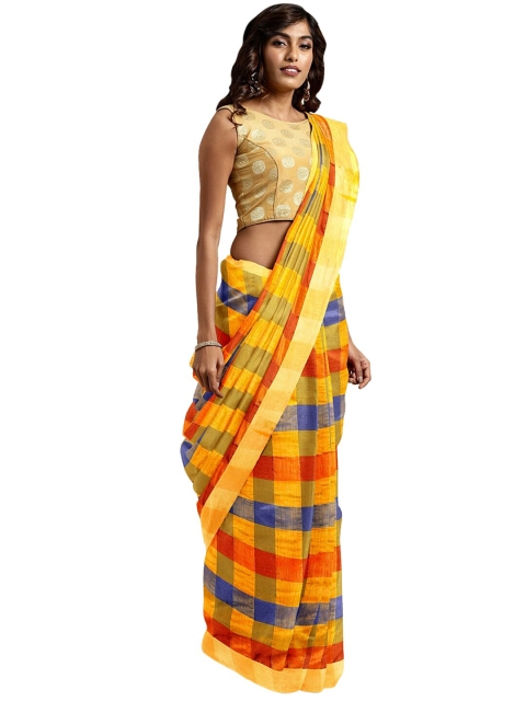 

KALINI Yellow & Blue Checked Zari Banarasi Saree