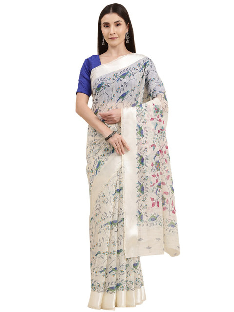 

KALINI White & Blue Floral Jute Cotton Bhagalpuri Saree