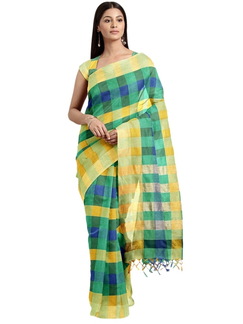 

KALINI Green & Yellow Checked Banarasi Saree