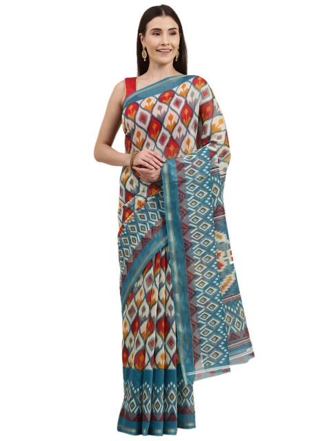 

KALINI Blue & Red Ethnic Motifs Zari Pochampally Saree