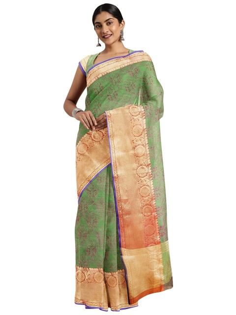 

KALINI Green & Gold-Toned Ethnic Motifs Zari Banarasi Saree
