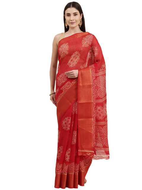 

KALINI Red & White Ethnic Motifs Zari Bhagalpuri Saree