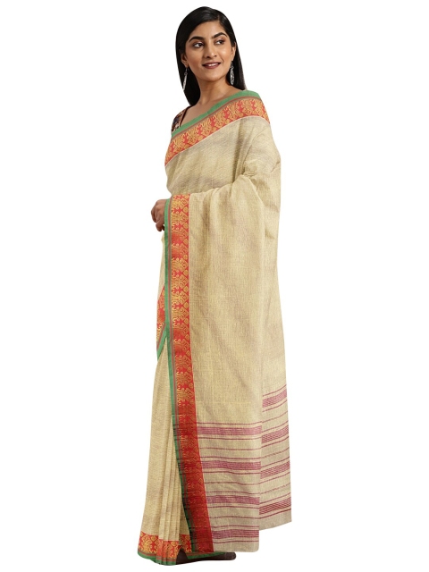 

KALINI Beige & Orange Zari Pure Cotton Venkatgiri Saree