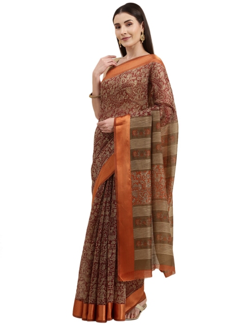 

KALINI Maroon & Beige Kalamkari Zari Jute Cotton Bhagalpuri Saree