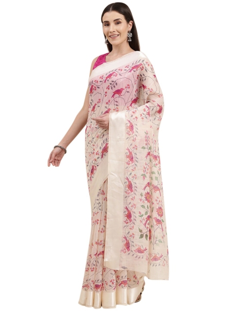 

KALINI White & Pink Floral Zari Jute Cotton Bhagalpuri Saree