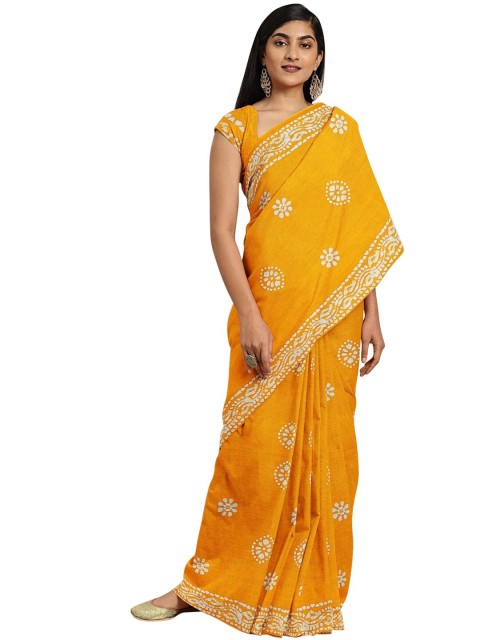 

KALINI Yellow & White Batik Pure Cotton Block Print Saree