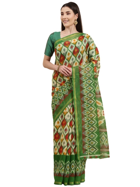 

KALINI Cream-Coloured & Green Printed Pochampally Saree