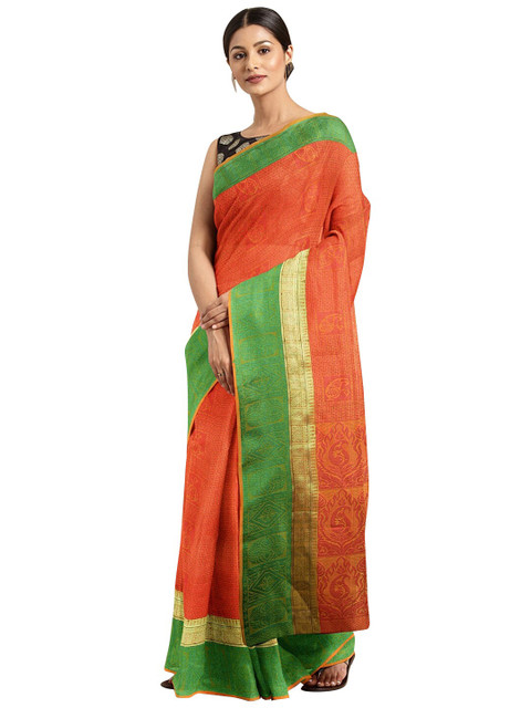 

KALINI Orange & Green Woven Design Banarasi Saree