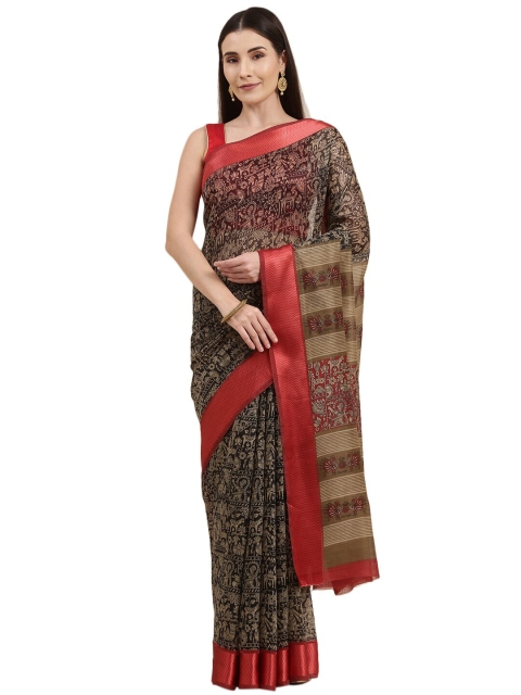 

KALINI Black & Red Kalamkari Jute Cotton Bhagalpuri Saree