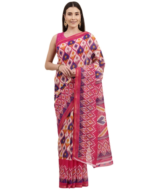 

KALINI Pink & Blue Floral Pochampally Saree