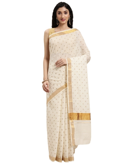 

KALINI White & Gold-Toned Ethnic Motifs Zari Pure Cotton Kasavu Saree