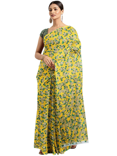 

KALINI Yellow & Grey Floral Bhagalpuri Saree