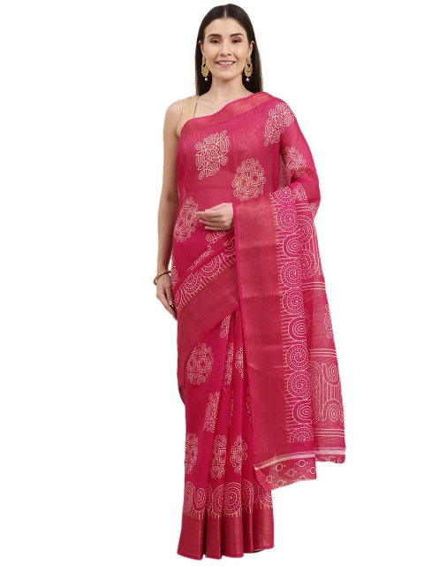 

KALINI Pink & White Ethnic Motifs Printed Bhagalpuri Saree