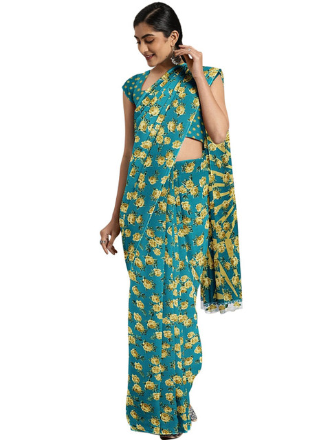 

KALINI Teal & Yellow Floral Bhagalpuri Saree