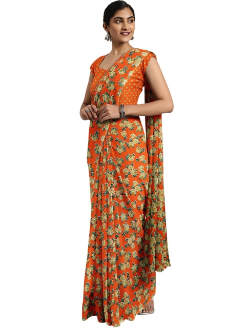 

KALINI Orange & Green Floral Printed Bhagalpuri Saree