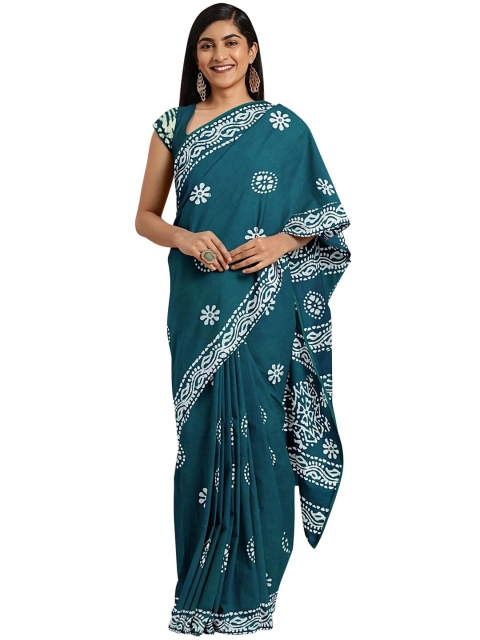 

KALINI Navy Blue & White Batik Pure Cotton Block Print Saree