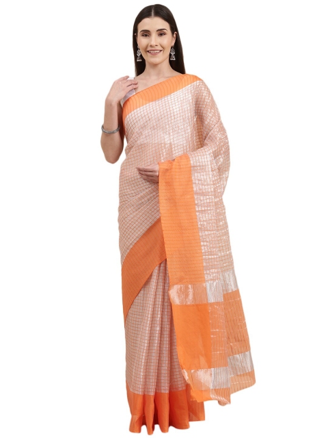

KALINI Grey & Orange Checked Zari Bhagalpuri Saree
