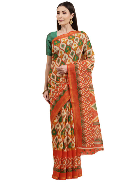 

KALINI Orange & Green Printed Zari Pochampally Saree