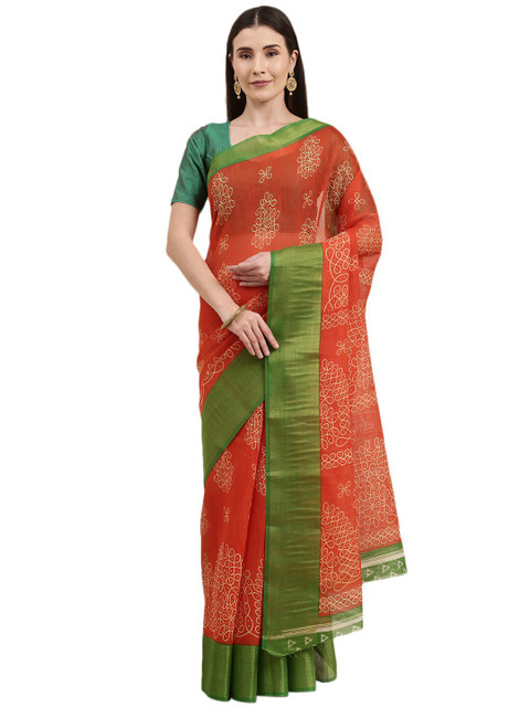 

KALINI Orange & Green Floral Printed Zari Bhagalpuri Saree