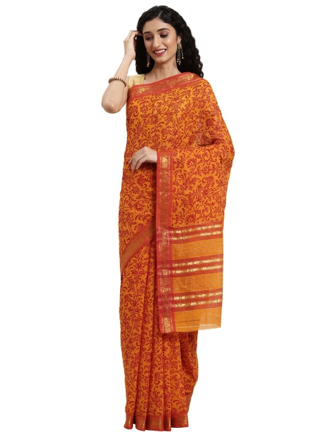 

KALINI Yellow & Red Ethnic Motifs Zari Pure Cotton Venkatgiri Saree
