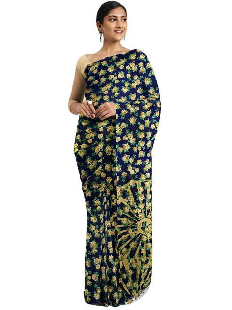 

KALINI Blue & Yellow Floral Bhagalpuri Saree