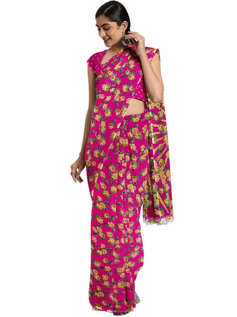 

KALINI Pink & Yellow Floral Bhagalpuri Saree