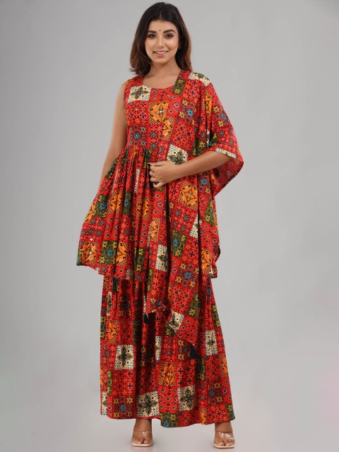 

FASHION DWAR Women Red Ethnic Motifs Printed Empire Pure Cotton Kurti with Churidar & With Dupatta