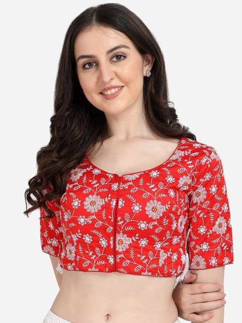 

Fab Dadu Red & Silver-Coloured Embroidered Saree Blouse