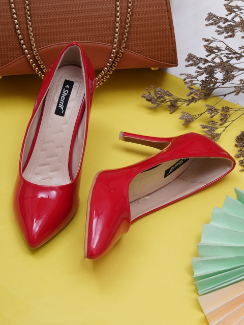 

Sherrif Shoes Red Printed Party Block Pumps with Buckles
