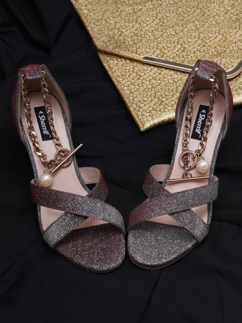 

Sherrif Shoes Women Bronze-Toned Embellished Party Block Sandals